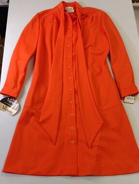 Verona Bright Orange Vintage Button-Front Long Sleeve Dress with Neck Tie